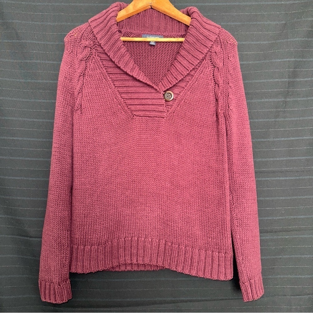 Lands End Burgundy Long Sleeve Knit Sweater Shawl Collar V Neck Womens Sz Small